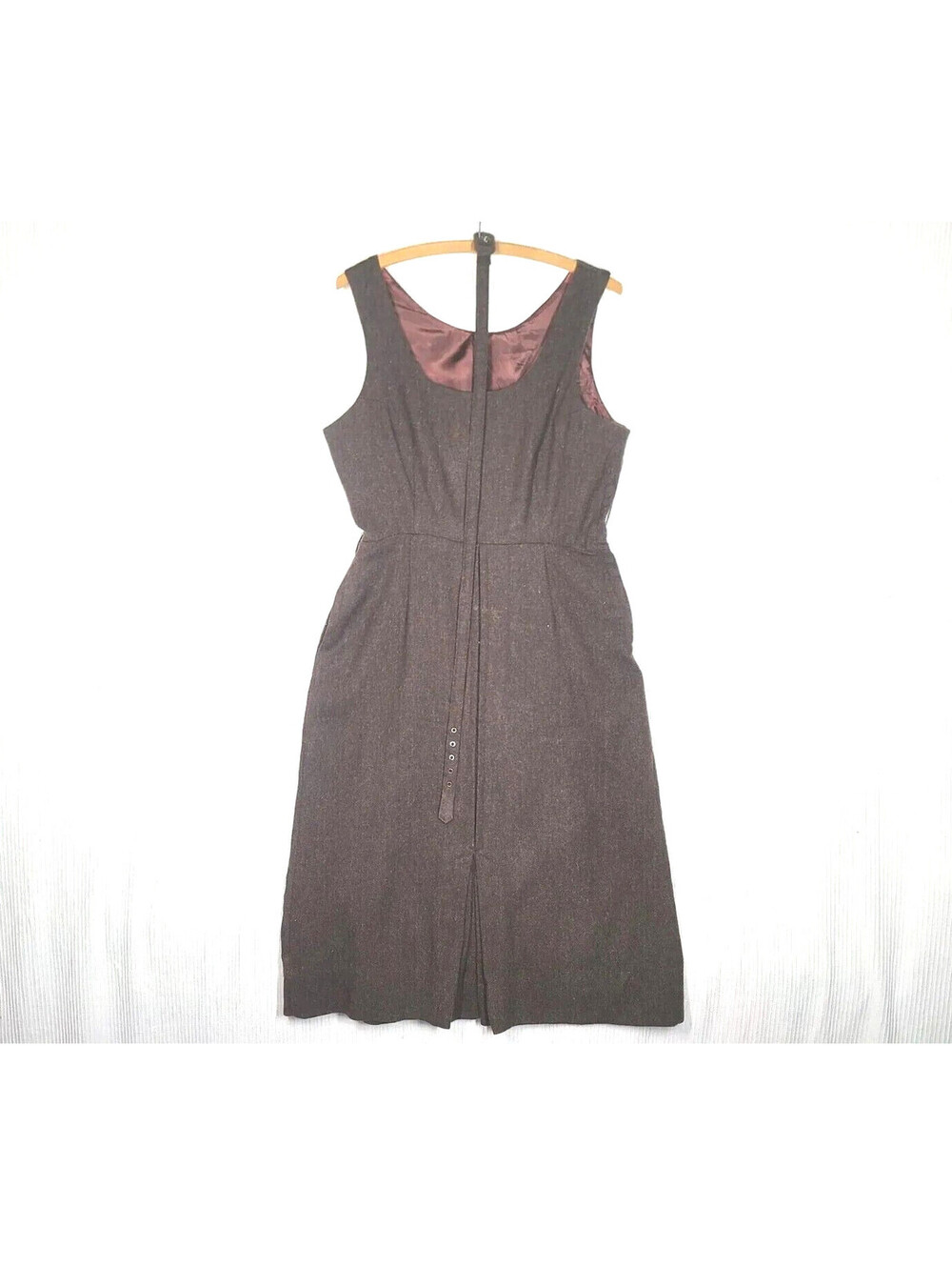 Vtg 60s Pinafore Dress M L 32w Brown Wool Woven Low Neck Mod Retro MCM M L wBelt